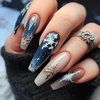 image:image24Pcs Long Press on Nail Halloween Coffin Fake Nails Black White Stripes Cute Ghost Design Glossy False Nails for Women Girls Stick on Nails with Glue on Acrylic Nail TipsColorful10