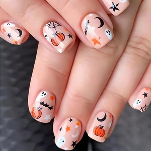 image:image24 Pcs Halloween Press on Nails Short Pumpkin Ghost Bats Spider Web Design Fake Nails Halloween Charms Cute False Nails Decorations Acrylic Nails Glue on Nails for Women Girls