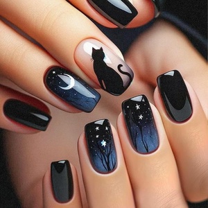 image:image24Pcs Long Press on Nail Halloween Coffin Fake Nails Black White Stripes Cute Ghost Design Glossy False Nails for Women Girls Stick on Nails with Glue on Acrylic Nail TipsNight Black Cat