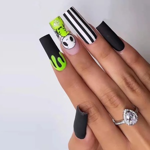 image:image24Pcs Long Press on Nail Halloween Coffin Fake Nails Black White Stripes Cute Ghost Design Glossy False Nails for Women Girls Stick on Nails with Glue on Acrylic Nail TipsColorful2