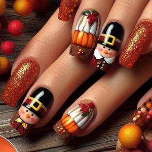image:image24Pcs Long Press on Nail Halloween Coffin Fake Nails Black White Stripes Cute Ghost Design Glossy False Nails for Women Girls Stick on Nails with Glue on Acrylic Nail TipsColorful7