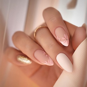 image:imageAlmond Fake Nails Medium Press On Nails French Tip False Nails With Flower Rhinestone Designs Matte Stick On Nails Acrylic Nails Press Ons Full Cover Glue On Nails For Women