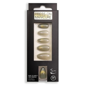 image:imageCat Eye Press On Nails Almond Medium French Tip Soft Nails Gold amp Pink Fake Nail Kit Includes 1 Mini File 2 Jelly Stickers Two Color Nails for Woman grey almond