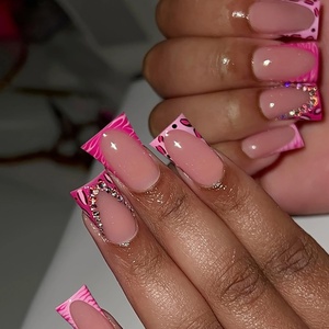 image:imageFrench Tip Fake Nails Long Square Press On Nails Duckbill False Nails With Rhinestone Designs Acrylic Nails Press Ons Reuseable Stick On Nails Full Cover Glue On Nails For Women 24Pcs
