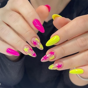 image:imageMedium Almond Press On Nails 24 Pcs amp 12 Sizes Pink amp Yellow Star Designs Glossy Finish Full Cover False Nails Stick On Nails For Women DIY Nail Art Wedding Party Prom