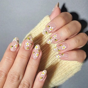 image:imageMedium Fake Nails Almond Medium Press On Nails Flower False Nails Acrylic Nails Press Ons With Bee Designs Reuseable Glue On Nails Full Cover Stick On Nails For Women 24Pcs