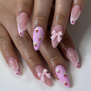 image:imageMedium Press On Nails Almond Fake Nails With Butterfly Rhinestone Designs Acrylic Nails Press Ons Full Cover Stick On Nails Glossy Glue On Nails Pink False Nails For Women 24Pcs