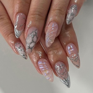 image:imageMedium Press On Nails Medium Almond Fake Nails With Nude Pink Heart Designs Acrylic Nails Press Ons Glossy Stick On Nails Full Cover False Nails French Tip Glue On Nails For Women