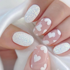 image:imageShort Almond Press On Nails Valentines Day Fake Nails With White Heart Designs Acrylic Nails Press Ons Full Cover Glue On Nails Glossy False Nails Reuseable Stick On Nails For Women