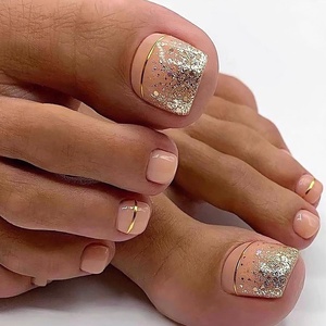 image:imageShort Press On Toenails Square Fake Toenails Full Cover False Nails With Gold Line Designs Glitter Stick On Toenails Acrylic Toenails Press Ons Reuseable Glue On Toenails For Women