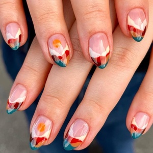 image:imageShort Press on Nails French Tip Almond Fake Nails Static Gel Nail Kit Handmade Acrylic Glue Nails Multilayered amp Multicurved Living Nails Sunset and colorful glow short
