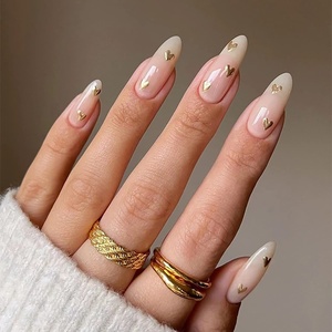 image:imageValentines Day Almond Press on Nails Medium Length Glue on Nails Valentines Day Gold HeartShaped Love Fake Nails Acrylic Glossy Full Cover False Nails for Women 24 Pcs