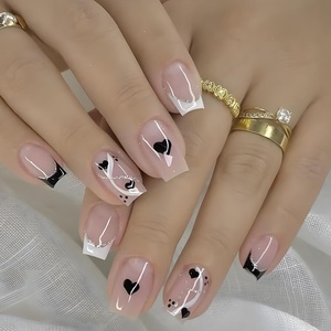 image:imageValentines Day Press On Nails Short Square Fake Nails With Black Heart Designs Acrylic Nails Press Ons French Tip False Nails Full Cover Stick On Nails Short Glue On Nails For Women